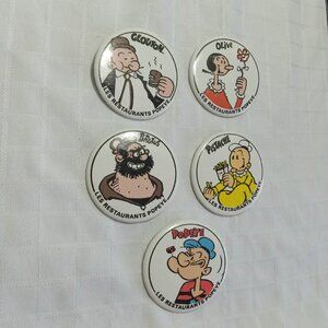 Five strange & unusual vintage button pins featuring Popeye and cie